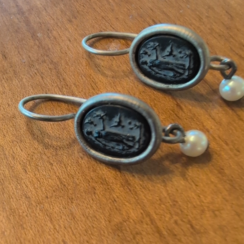 Elegant Silver and Black Earrings with Pearl Accent